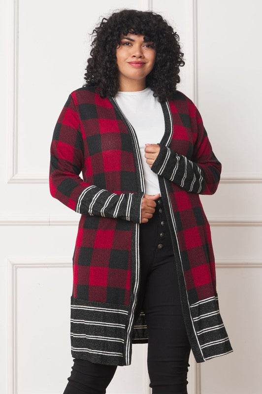 Long Buffalo Plaid Stripe Trim Open Cardigan - DaTrendStore.Com