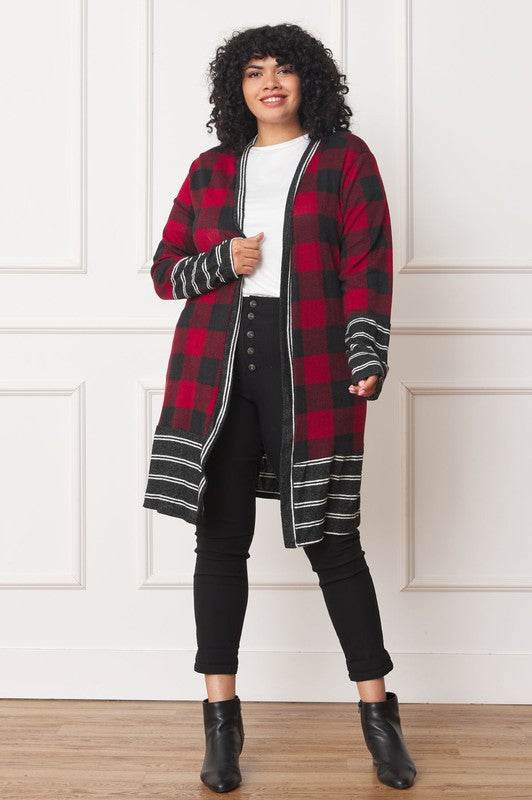 Long Buffalo Plaid Stripe Trim Open Cardigan - DaTrendStore.Com