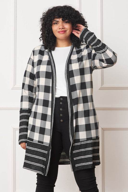 Long Buffalo Plaid Stripe Trim Open Cardigan - DaTrendStore.Com