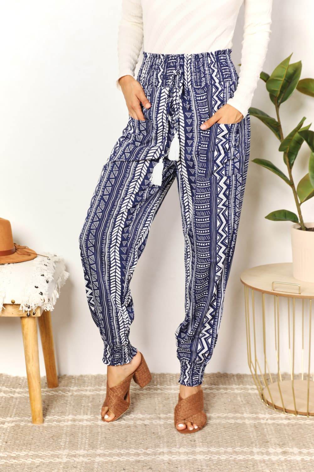 Perfee Geometric Print Tassel High-Rise Pants - DaTrendStore.Com