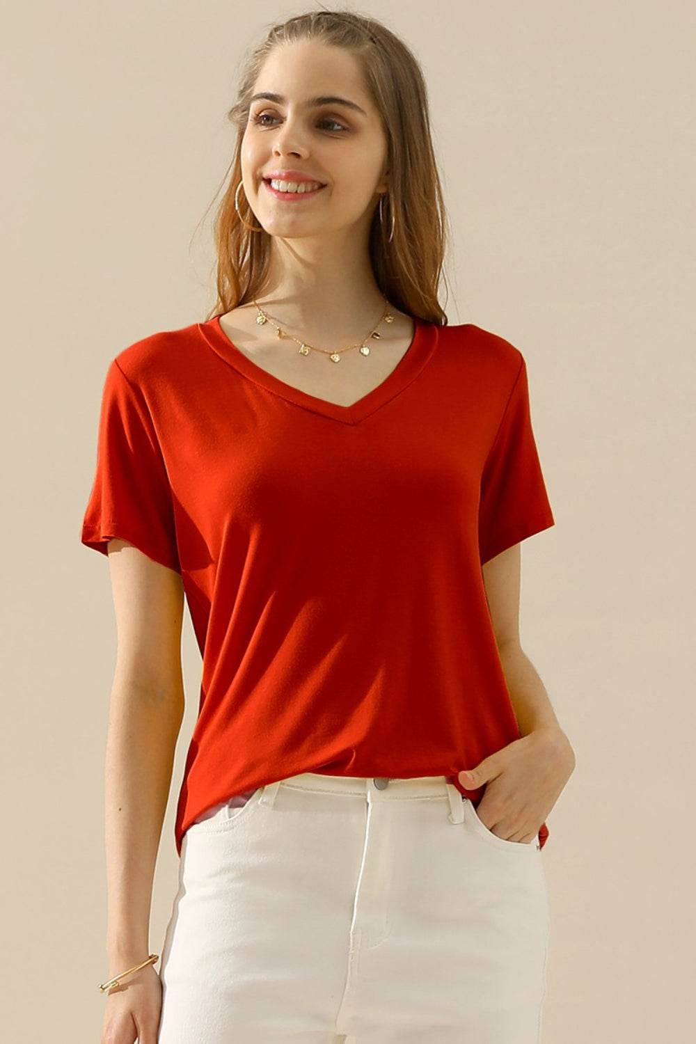 Ninexis Full Size V-Neck Short Sleeve T-Shirt - DaTrendStore.Com
