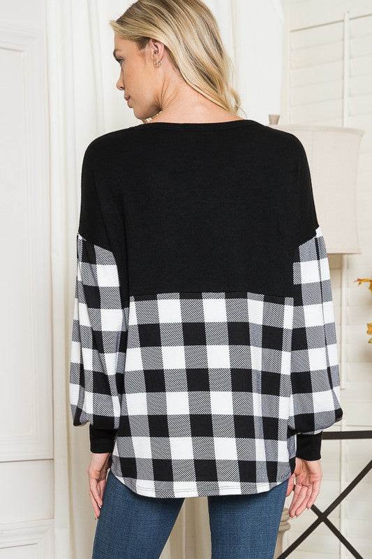 Plaid Contrast Bell Sleeve Sweater Knit - DaTrendStore.Com