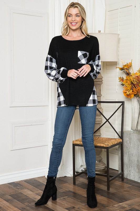 Plaid Contrast Bell Sleeve Sweater Knit - DaTrendStore.Com