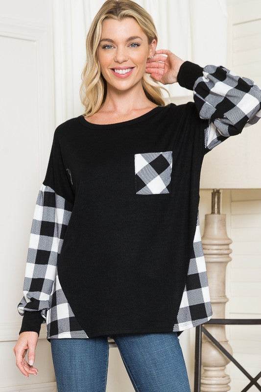 Plaid Contrast Bell Sleeve Sweater Knit - DaTrendStore.Com