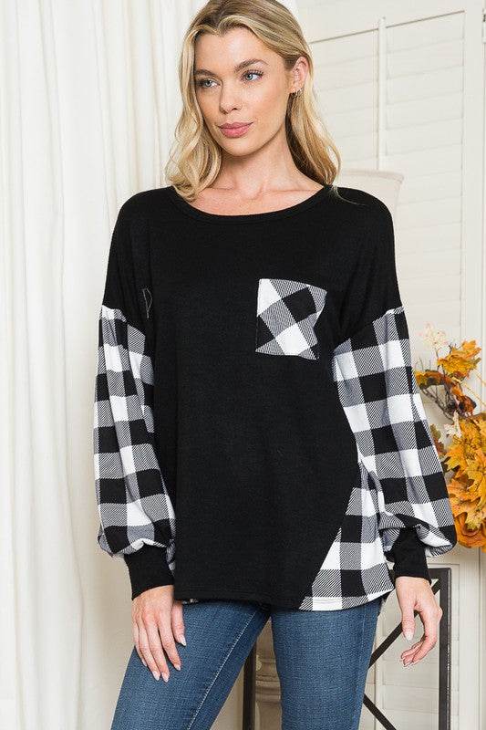 Plaid Contrast Bell Sleeve Sweater Knit - DaTrendStore.Com