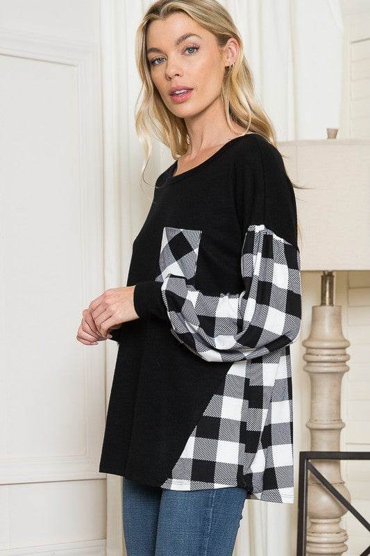 Plaid Contrast Bell Sleeve Sweater Knit - DaTrendStore.Com