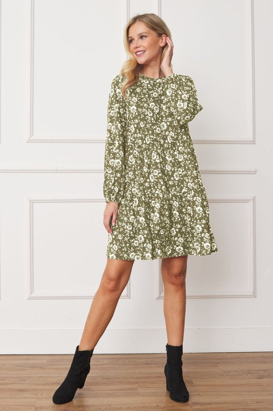 Floral Crew Neck Midi Dress-Green