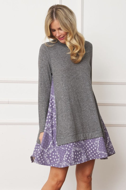 Mock Layered Bandana Paisley Mini Dress-Lavender