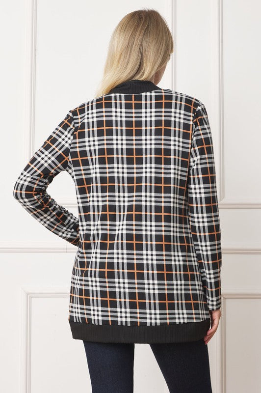 Plaid Contrast Drape Open Cardigan