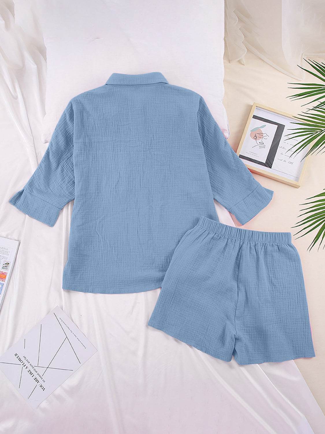 Texture Button Up Shirt and Shorts Set - DaTrendStore.Com