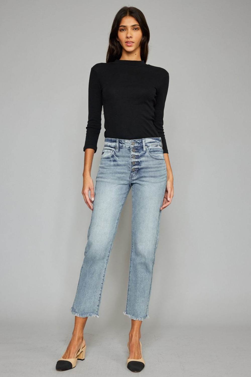 Kancan High Waist Button Fly Raw Hem Cropped Straight Jeans - DaTrendStore.Com