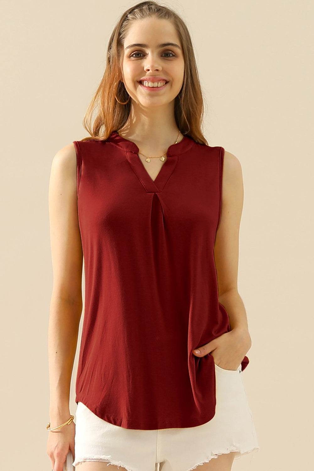 Ninexis Full Size Notched Sleeveless Top - DaTrendStore.Com