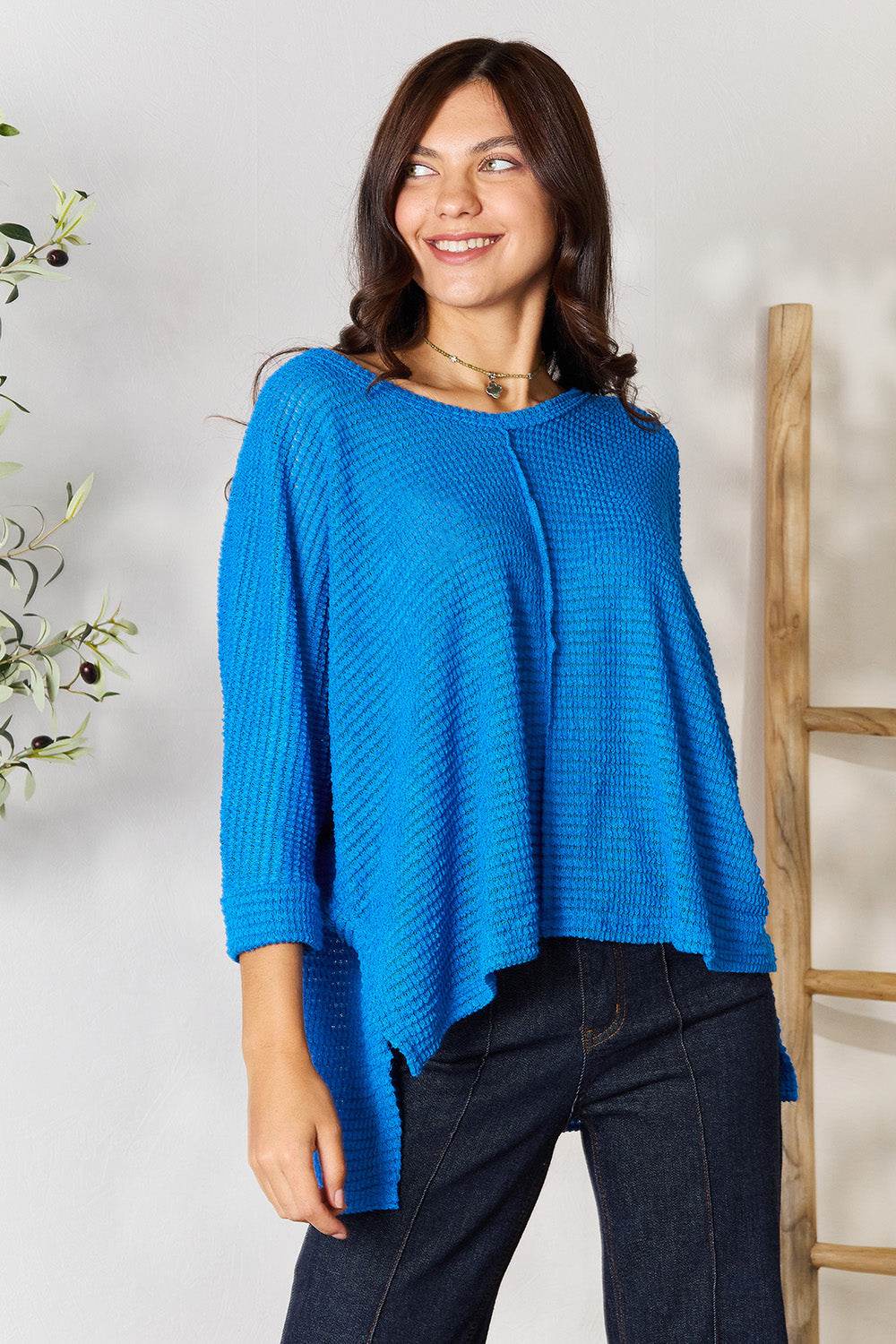 Zenana Full Size Round Neck High-Low Slit Knit Top - DaTrendStore.Com
