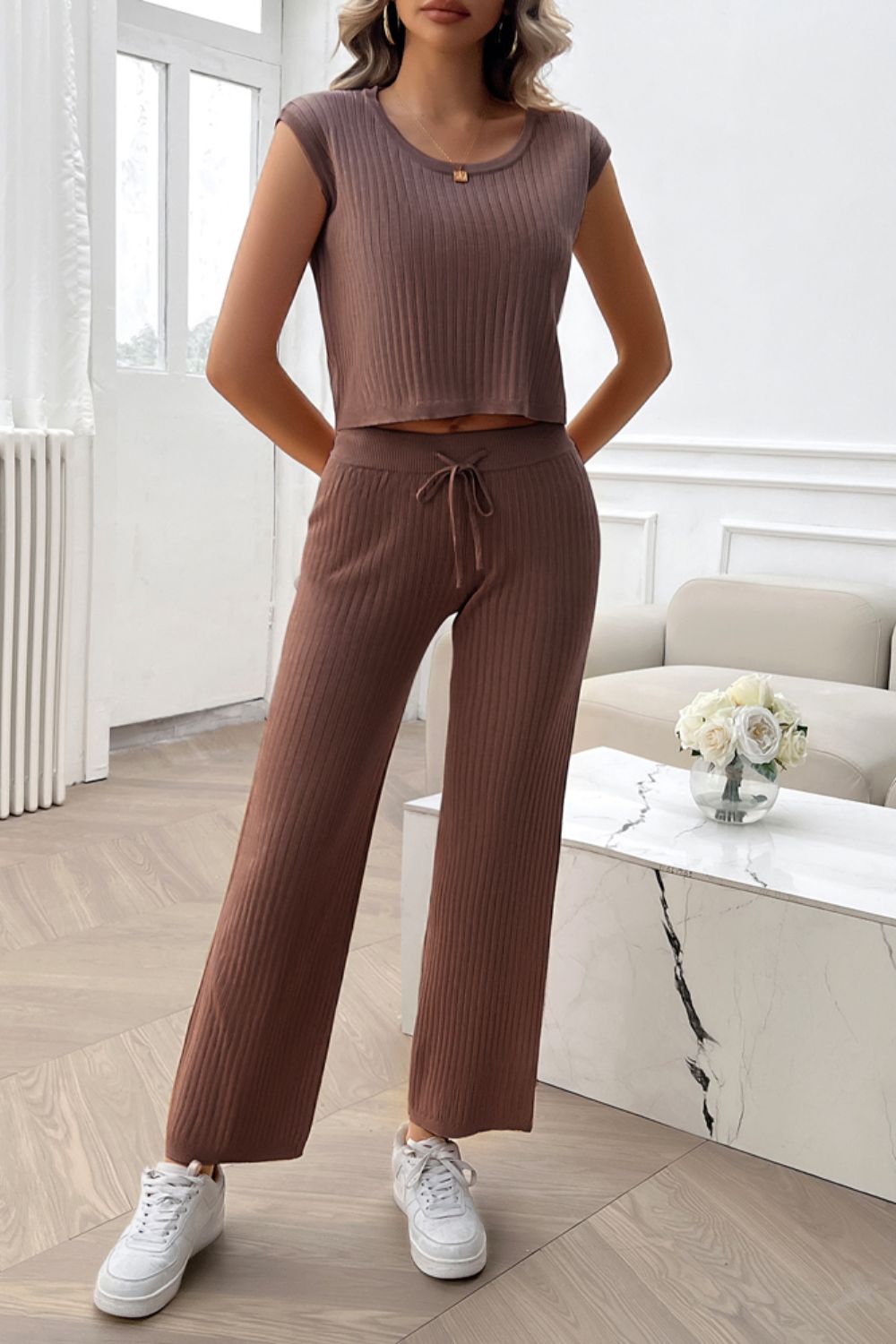 Devine Ribbed Round Neck Top and Pants Set