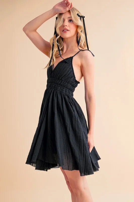 Aemi+Co Black Lace-Detail Mini Cami Dress