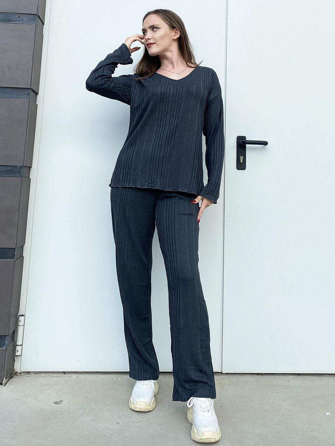V-Neck Long Sleeve Top and Pants Set - DaTrendStore.Com