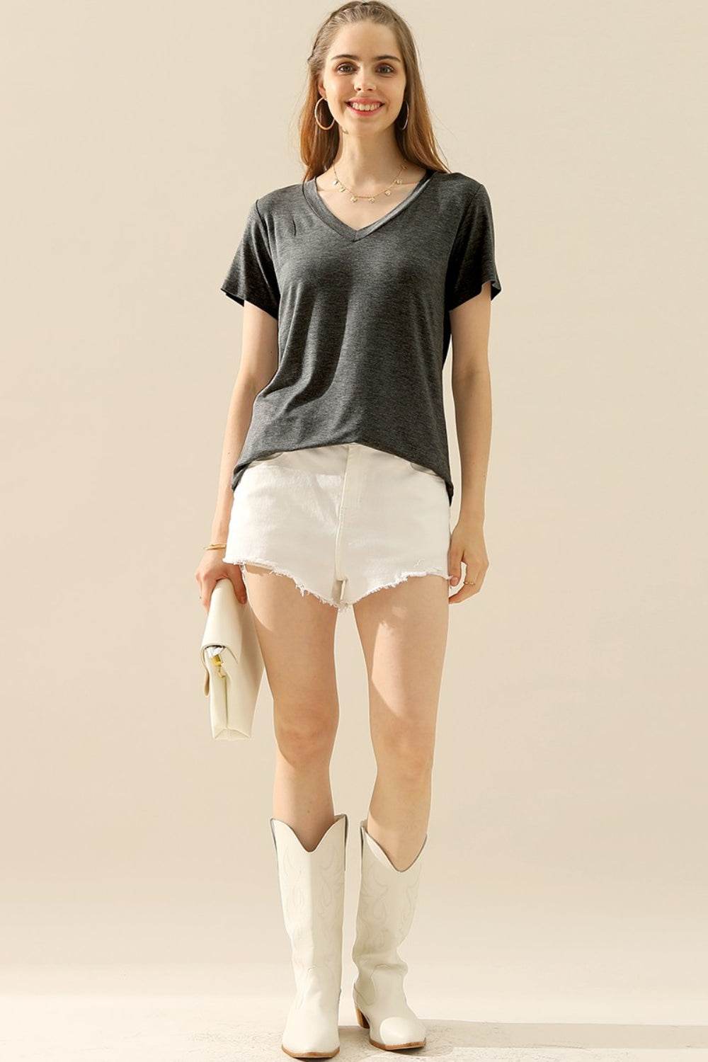 Ninexis Full Size V-Neck Short Sleeve T-Shirt - DaTrendStore.Com