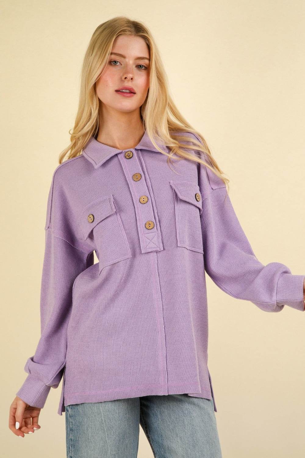 VERY J Collared Half Button Knit Top with Pockets - DaTrendStore.Com