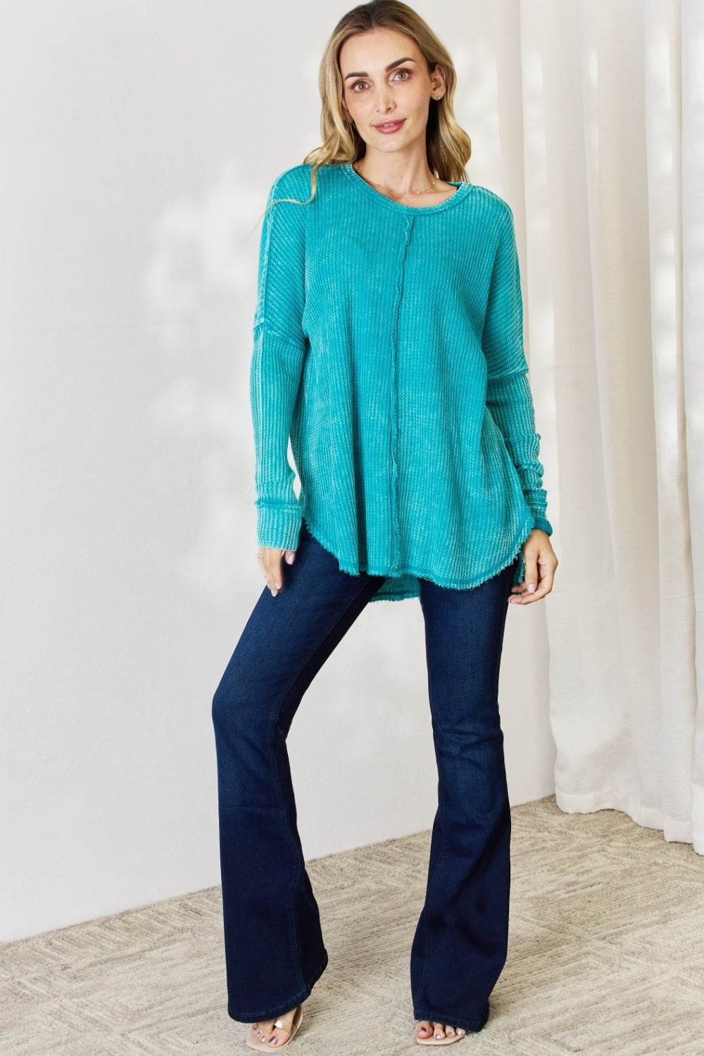 Zenana Oversized Washed Waffle Long Sleeve Top - DaTrendStore.Com