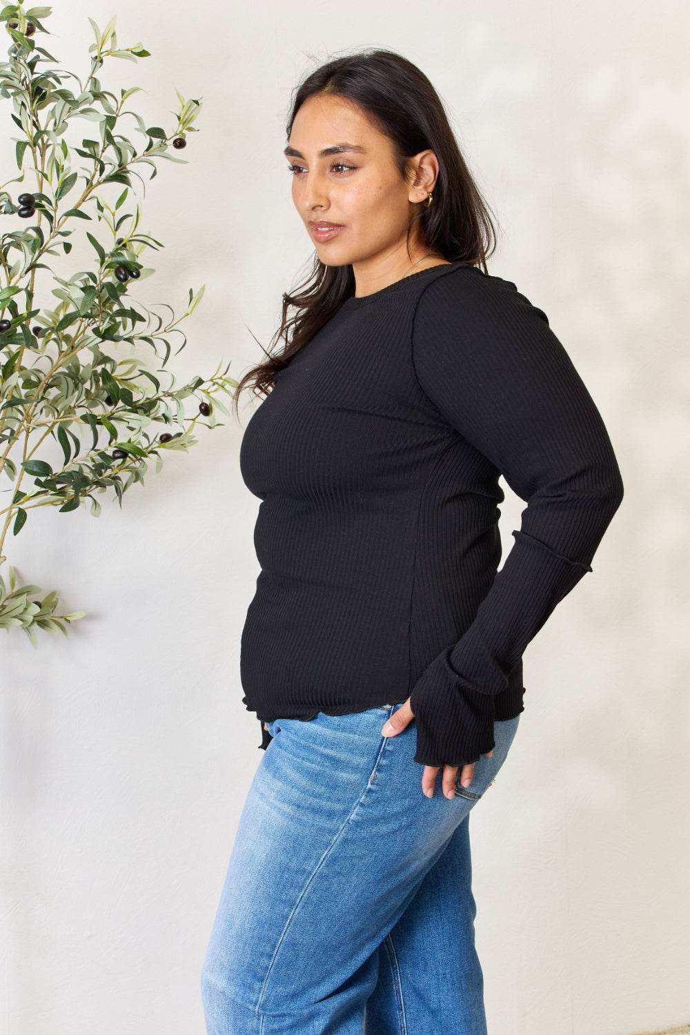 Culture Code Full Size Ribbed Round Neck Long Sleeve Top - DaTrendStore.Com