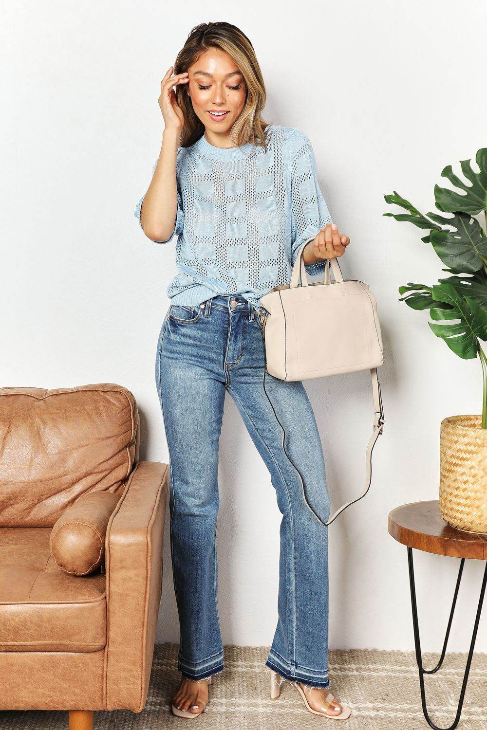 Mandy Ribbed Trim Round Neck Knit Top - DaTrendStore.Com