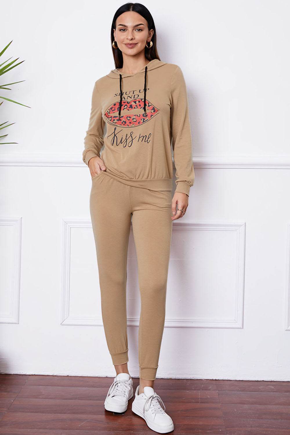 SHUT UP AND KISS ME Lip Graphic Hooded Top and Drawstring Pants Set - DaTrendStore.Com