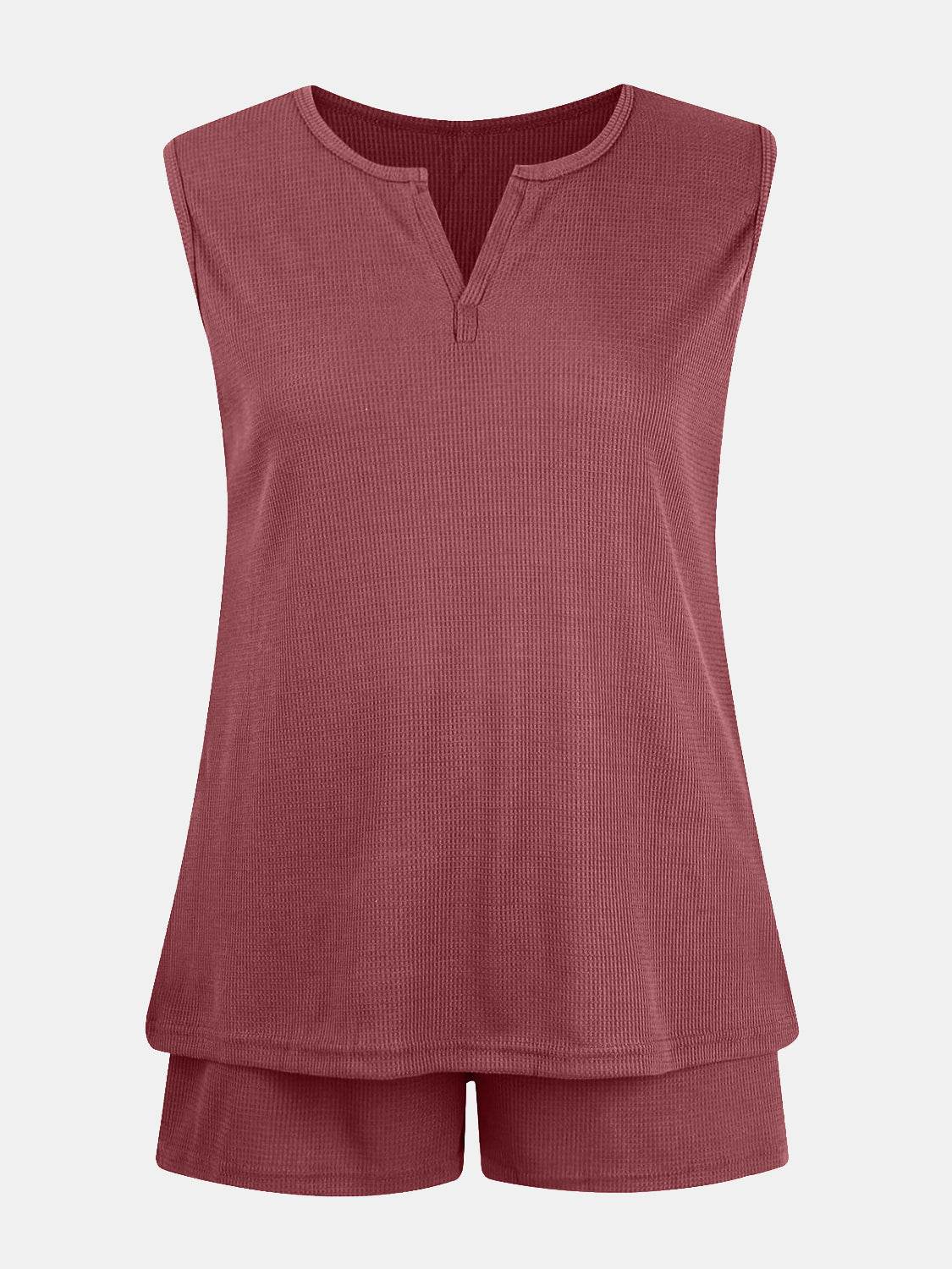 Full Size Waffle-Knit Notched Top and Shorts Set - DaTrendStore.Com