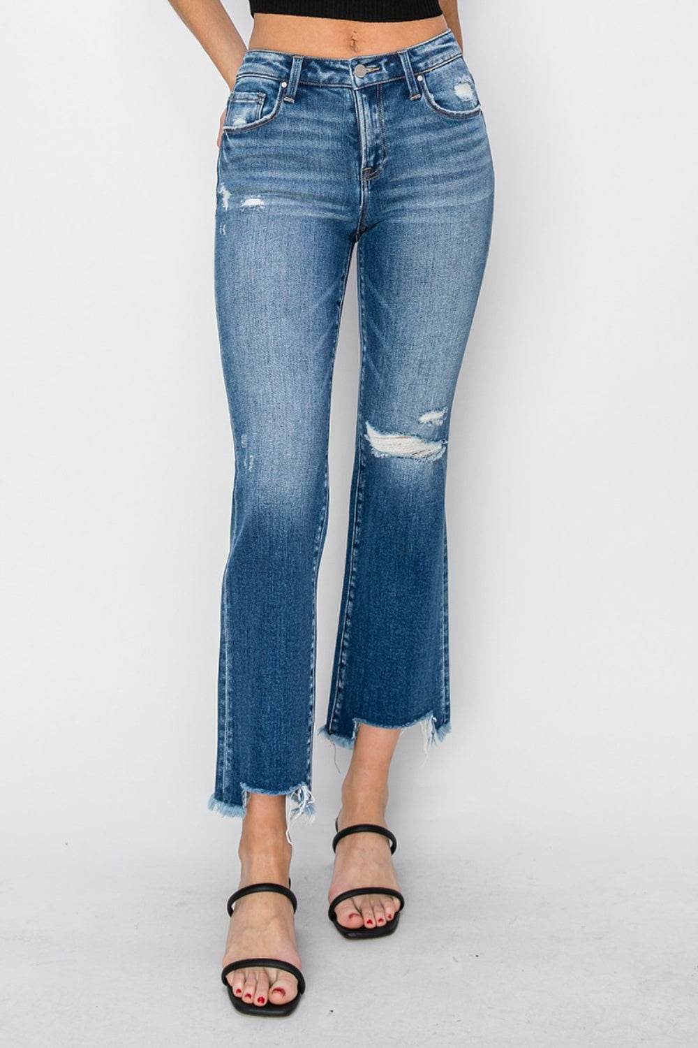 RISEN Full Size Frayed Step Hem Ankle Straight Jeans - DaTrendStore.Com