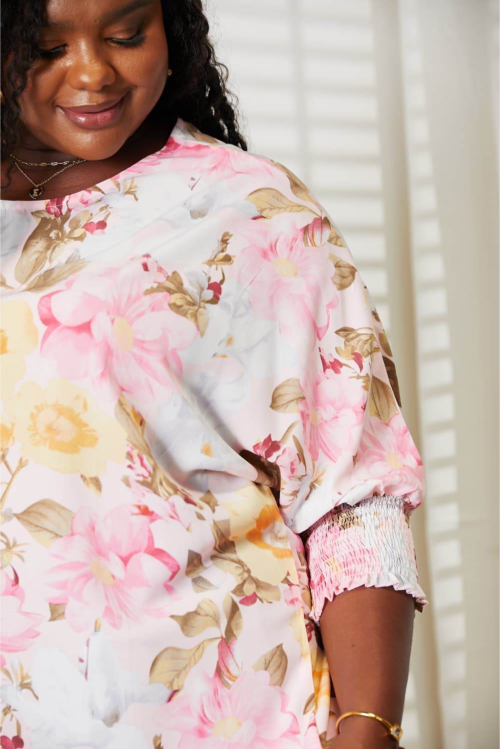 Double Take Floral Round Neck Three-Quarter Sleeve Top - DaTrendStore.Com