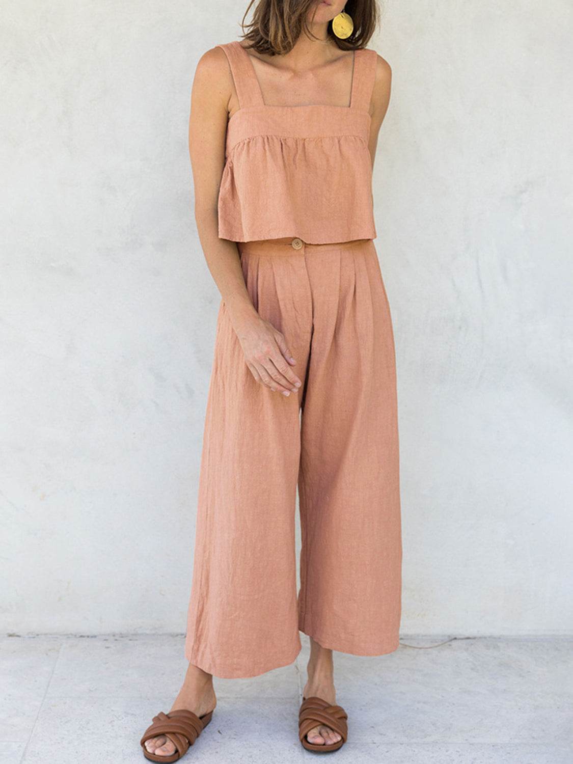 Square Neck Wide Strap Top and Pants Set - DaTrendStore.Com