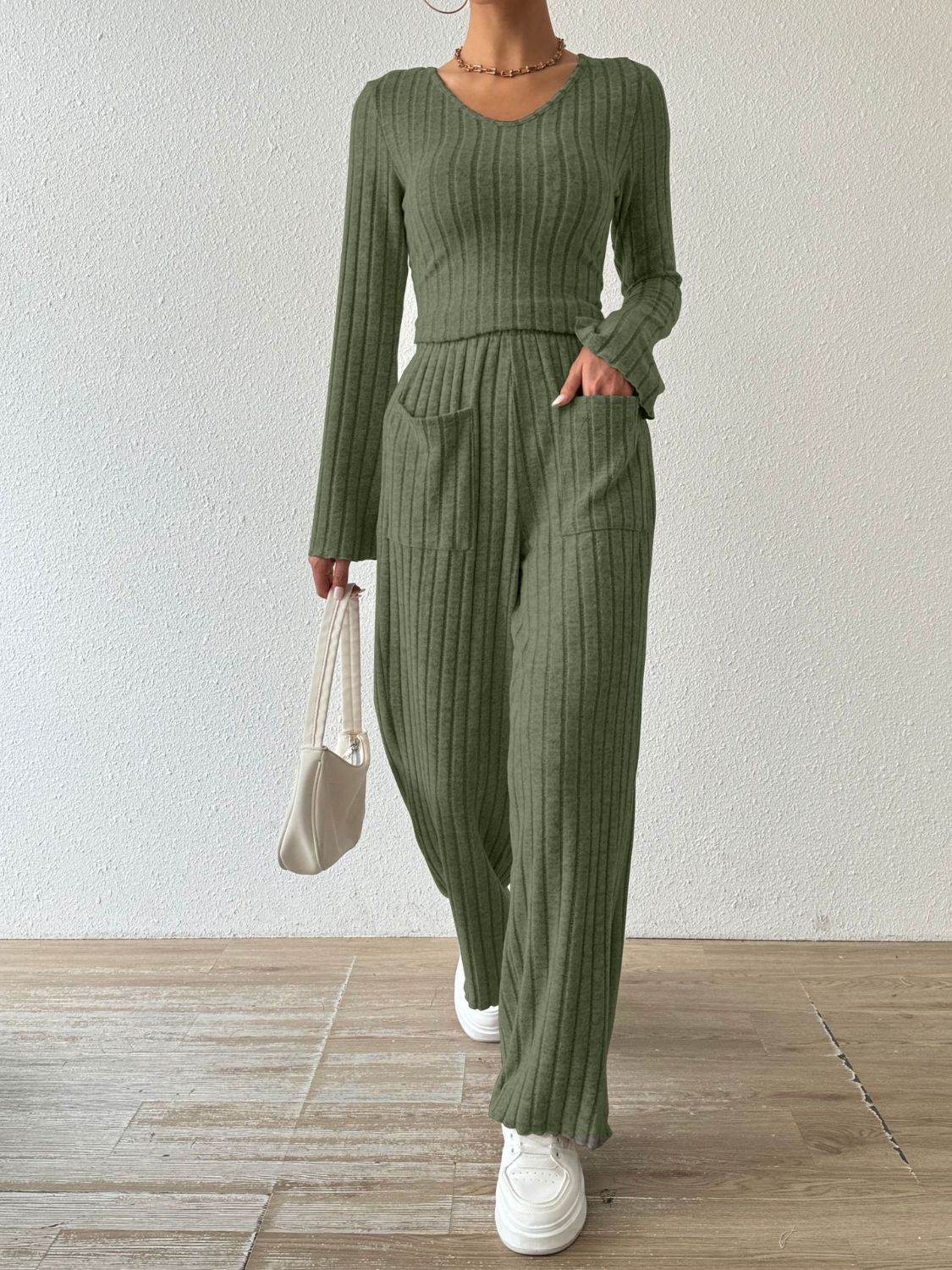 Ribbed V-Neck Long Sleeve Top and Pocketed Pants Set - DaTrendStore.Com