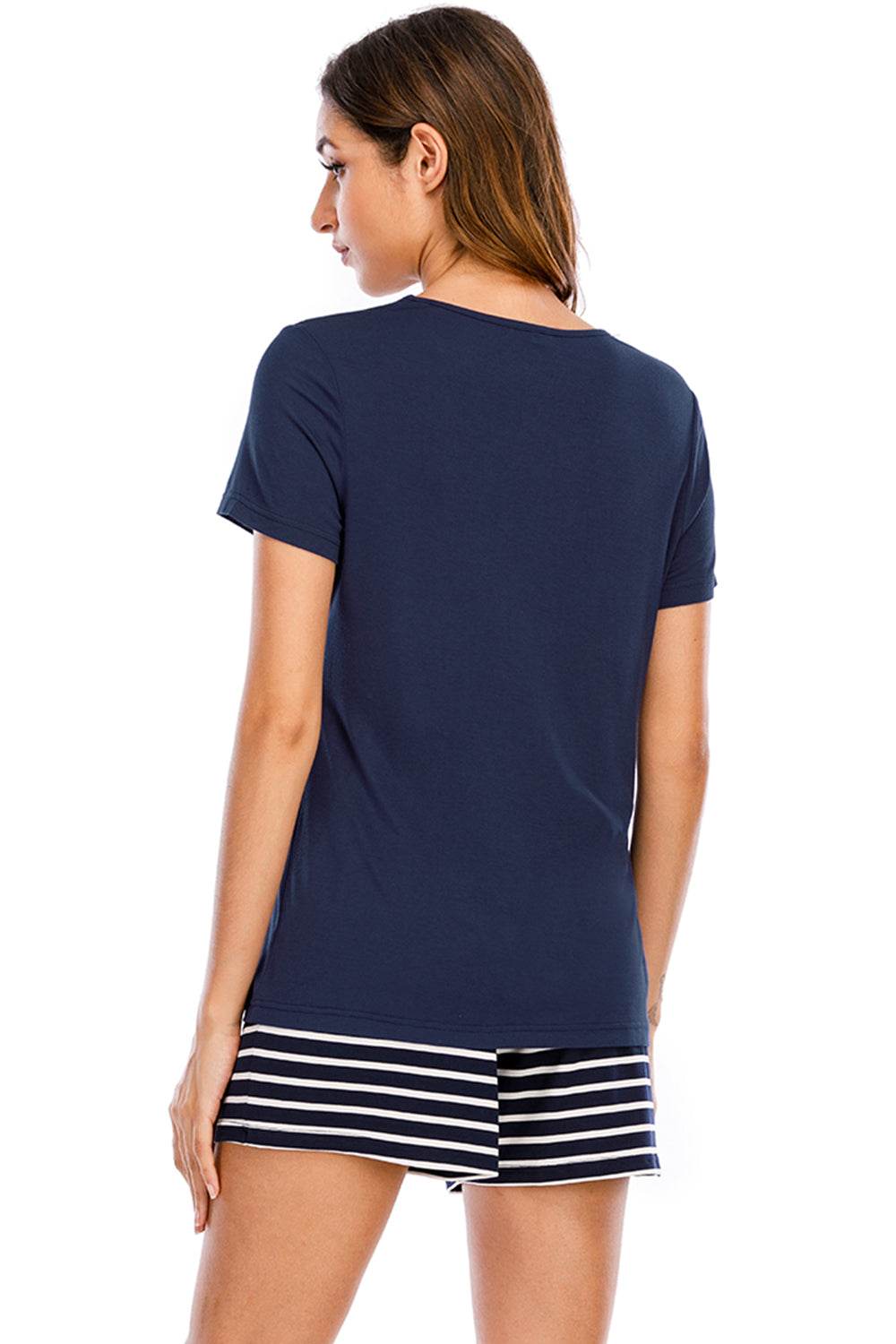 Graphic Round Neck Top and Striped Shorts Lounge Set - DaTrendStore.Com
