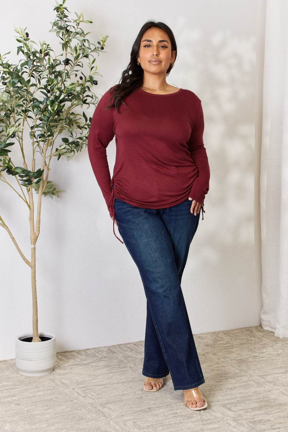 Culture Code Full Size Drawstring Round Neck Long Sleeve Top - DaTrendStore.Com