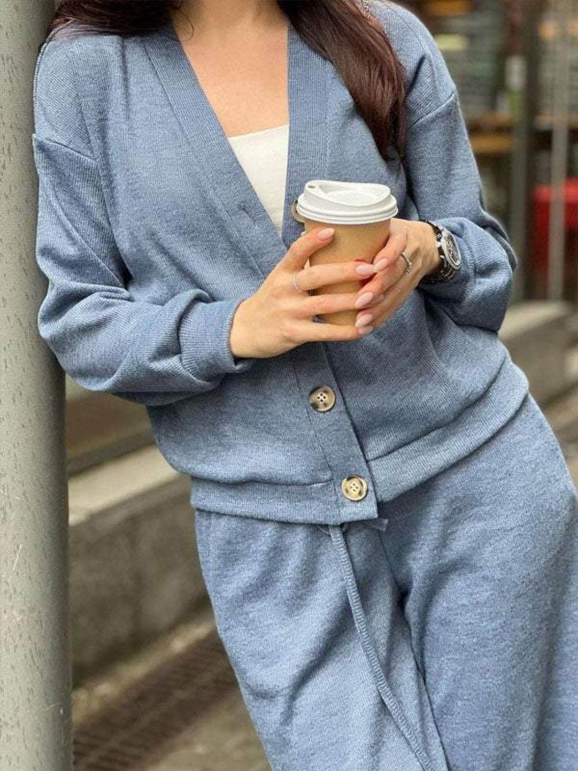 Full Size Button Up Long Sleeve Top and Pants Set - DaTrendStore.Com
