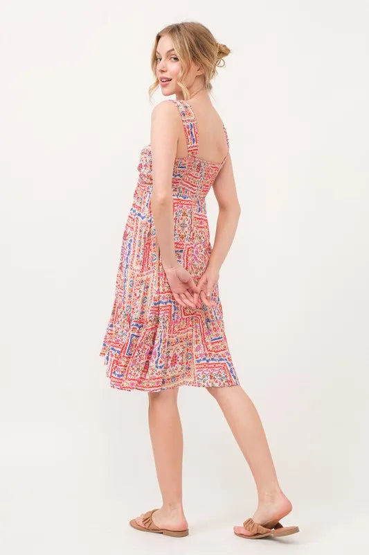 And The Why Red Boho Tiered Tie-Front Dress