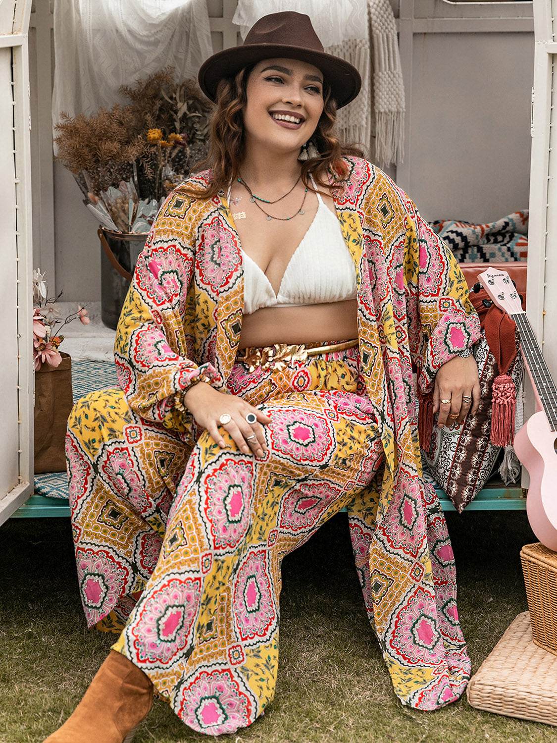 Plus Size Printed Open Front Cover Up and Pants Set - DaTrendStore.Com