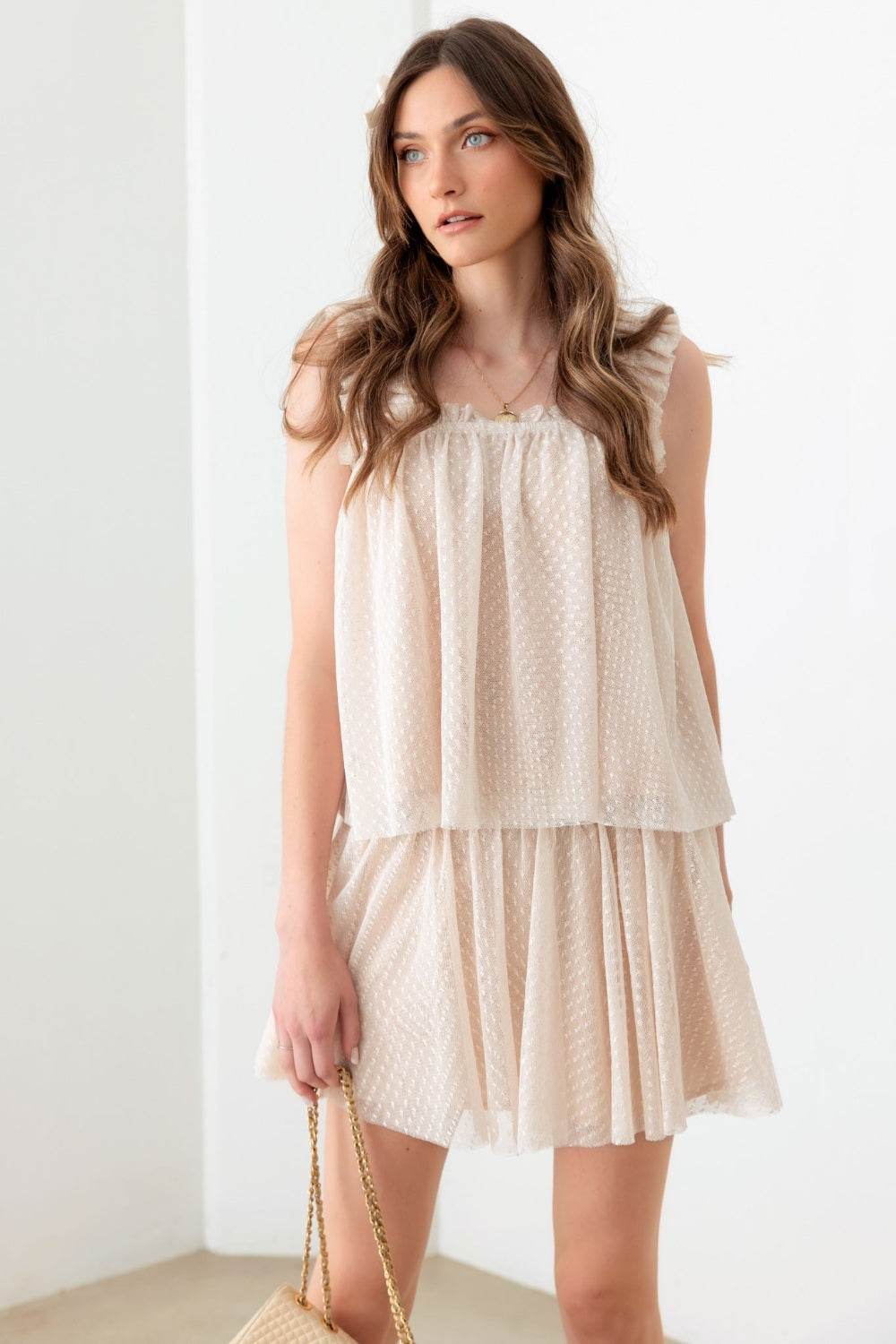Mustard Seed Sheer Pin Dot Tank and Elastic Waist Skirt Set - DaTrendStore.Com
