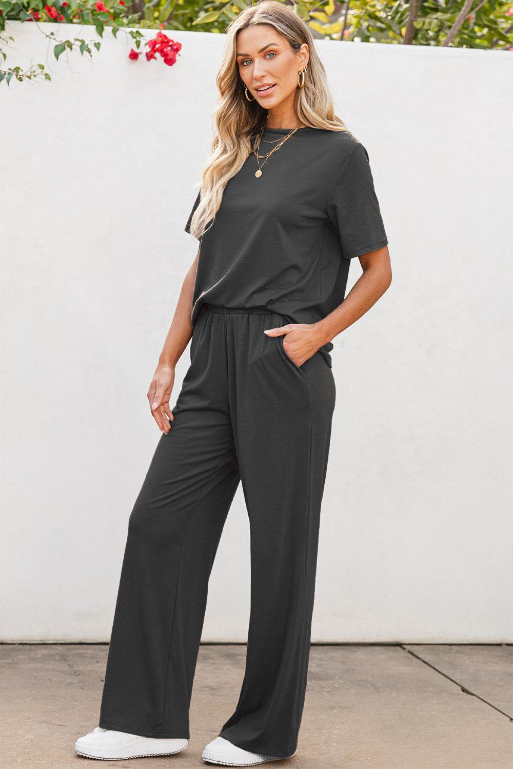 Round Neck Short Sleeve Top and Pants Set - DaTrendStore.Com