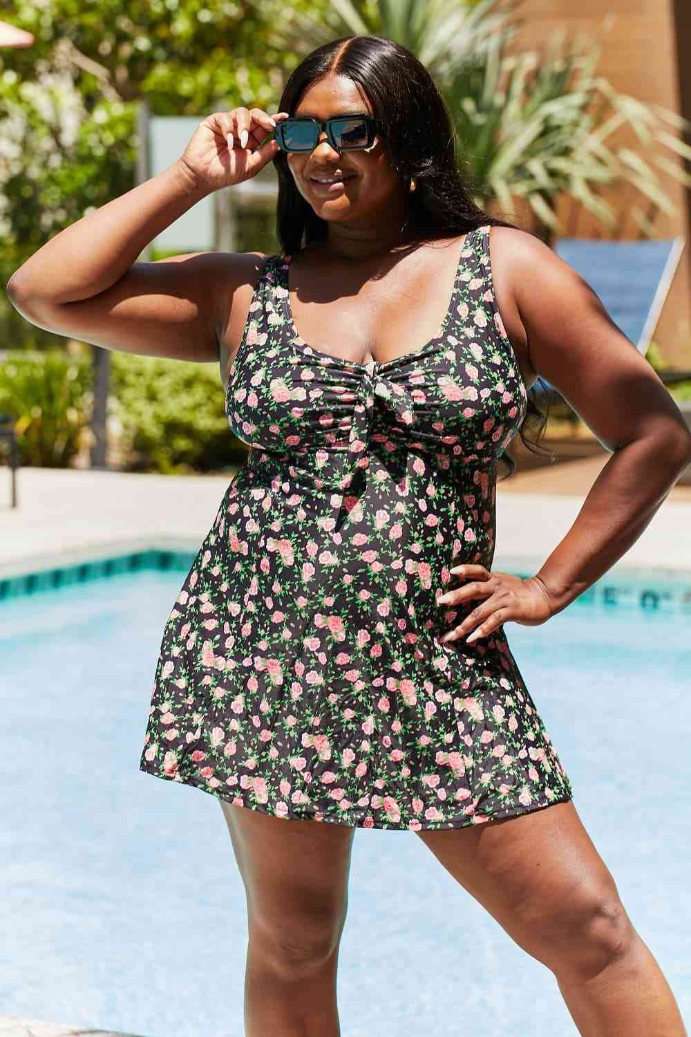 Marina West Swim Full Size Clear Waters Swim Dress in Black Roses - DaTrendStore.Com