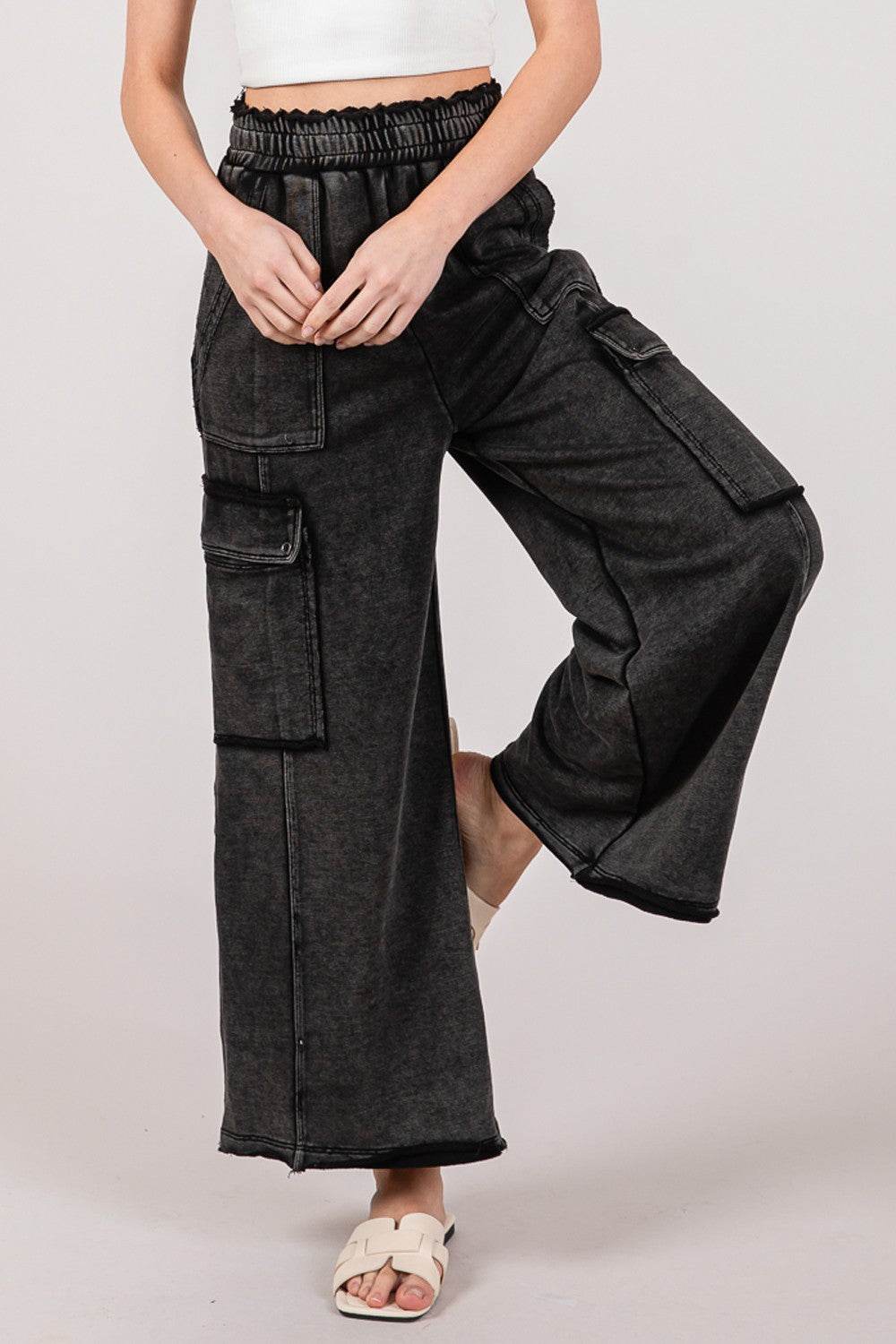 SAGE + FIG Knit Terry Mineral Wash Wide Leg Pants - DaTrendStore.Com