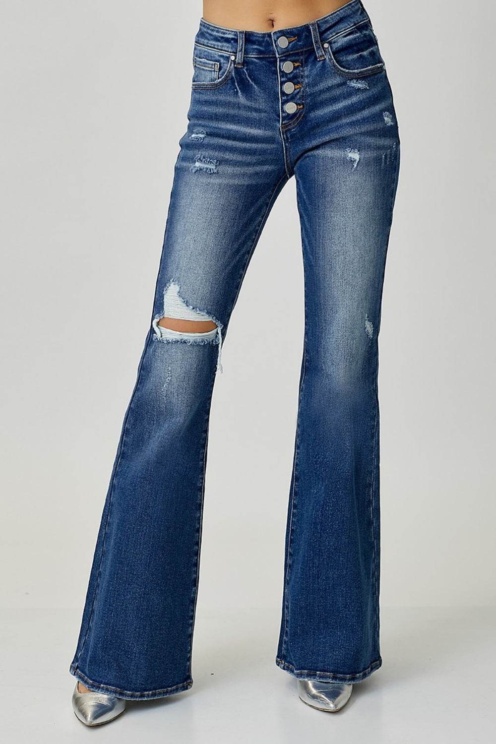 RISEN Distressed Button-Fly Flare Jeans - DaTrendStore.Com