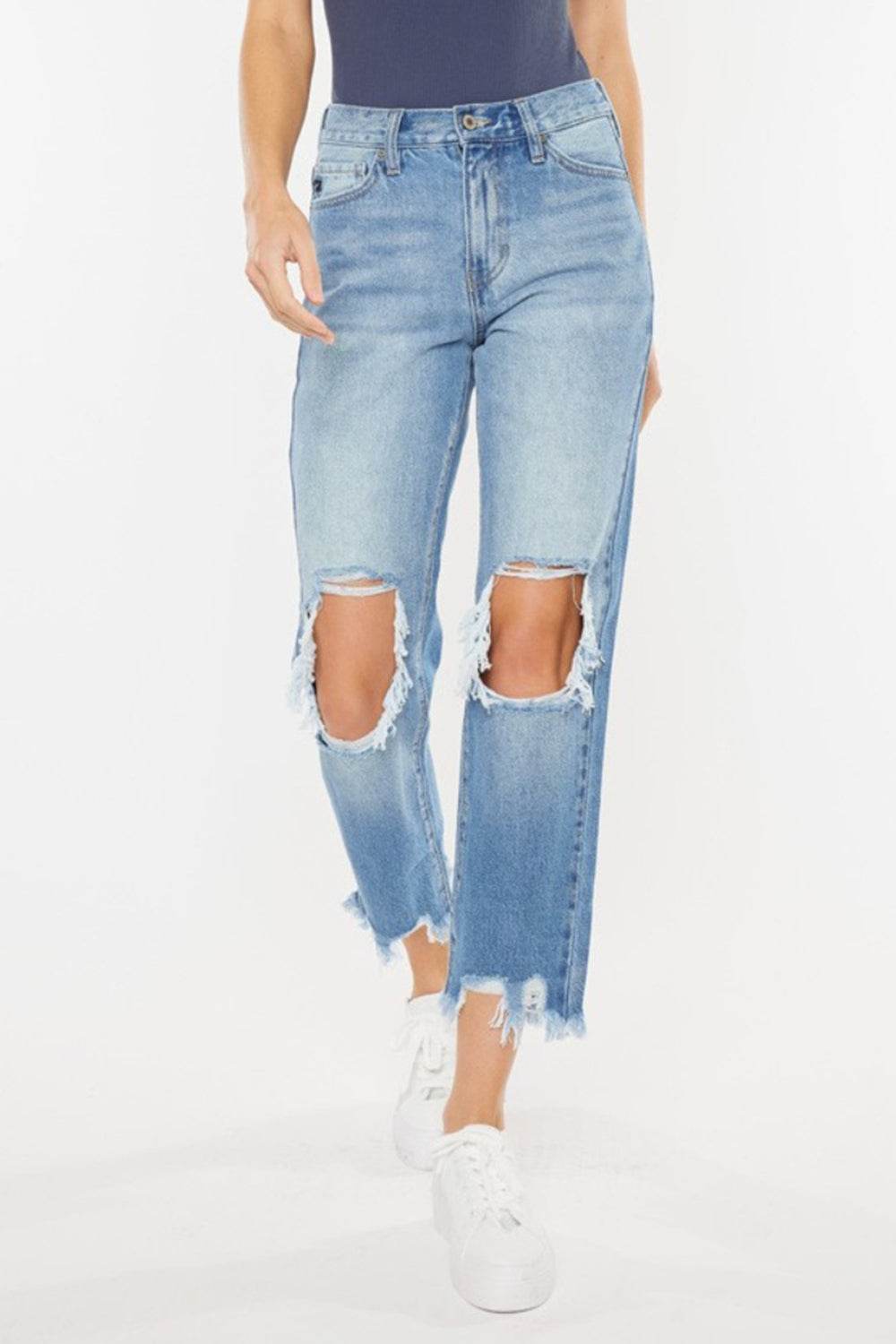 Kancan High Waist Chewed Up Straight Mom Jeans - DaTrendStore.Com