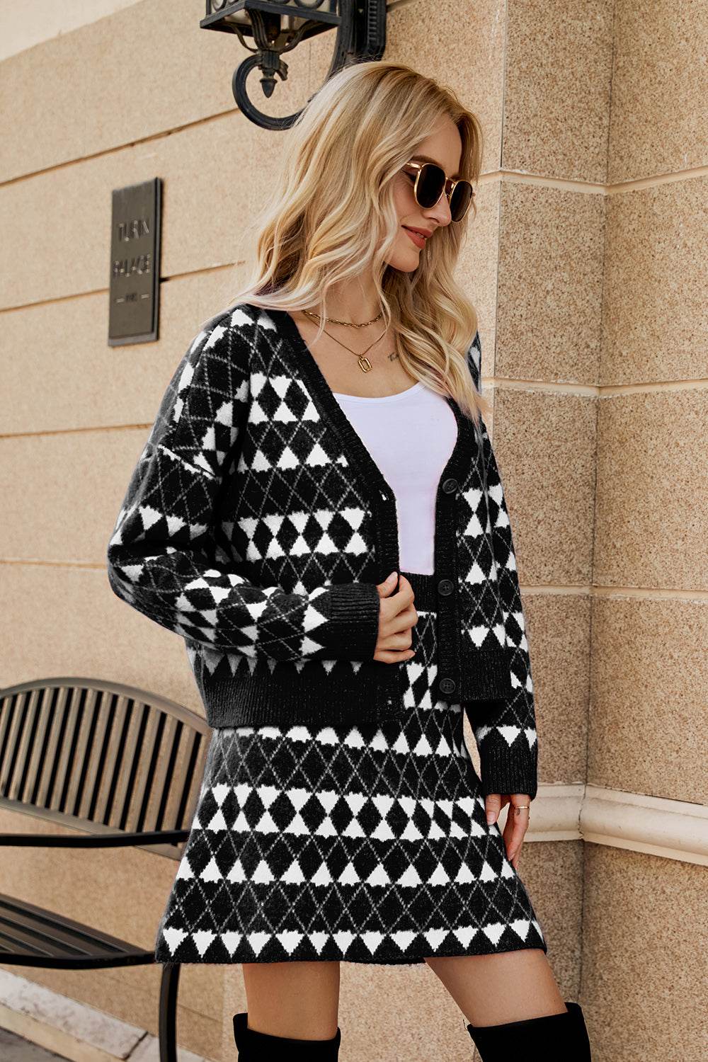 Geometric Button Front Cardigan and Skirt Set - DaTrendStore.Com