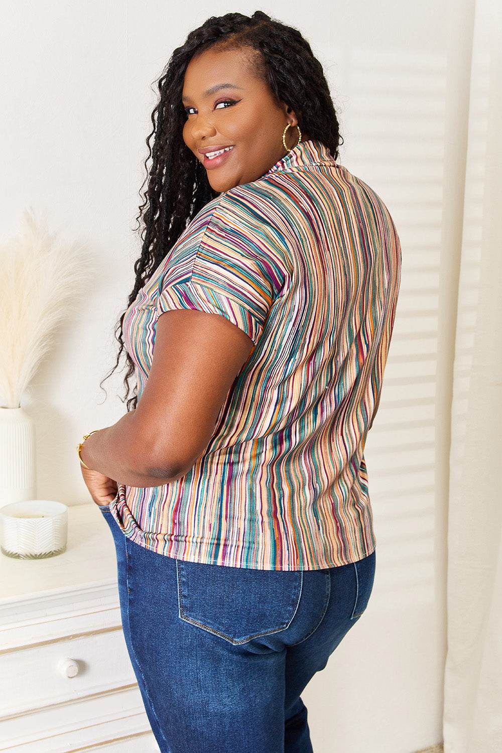 Shiny Multicolored Stripe Notched Neck Top - DaTrendStore.Com