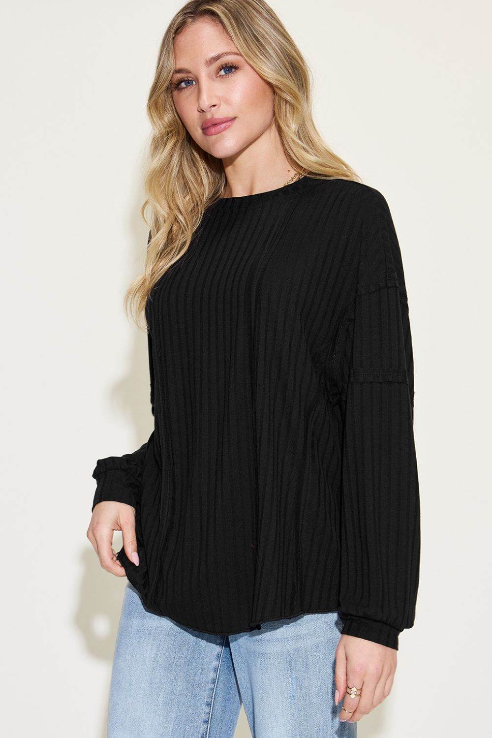 Basic Bae Full Size Ribbed Round Neck Long Sleeve T-Shirt - DaTrendStore.Com