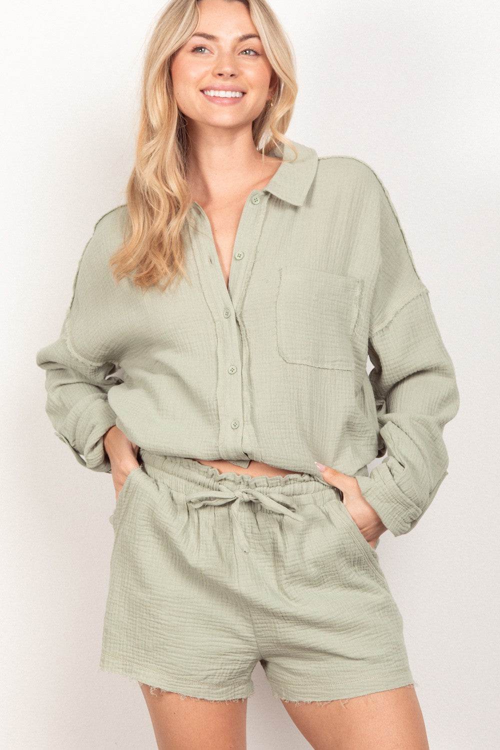 VERY J Texture Button Up Shirt and Shorts Set - DaTrendStore.Com