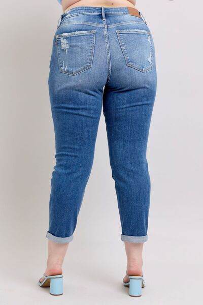 Judy Blue Full Size Button Fly Distressed Jeans with Pockets Plus Size - DaTrendStore.Com