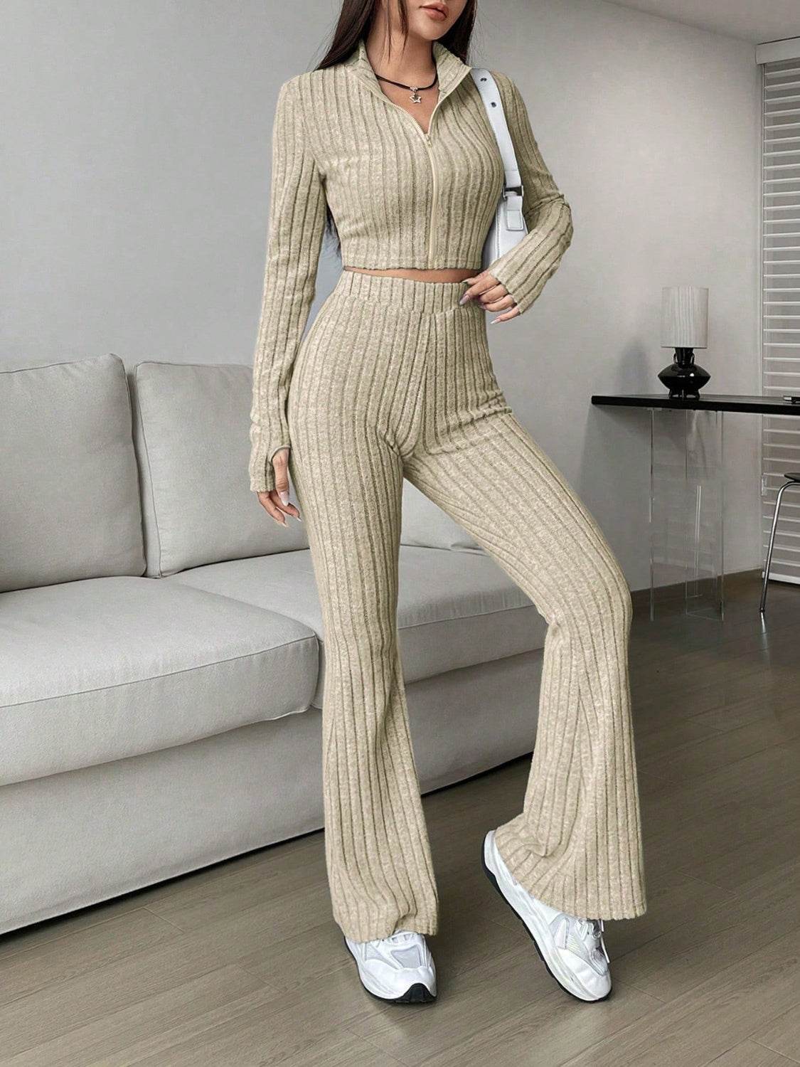 Honey Zip Up Long Sleeve Top and Pants Set - DaTrendStore.Com