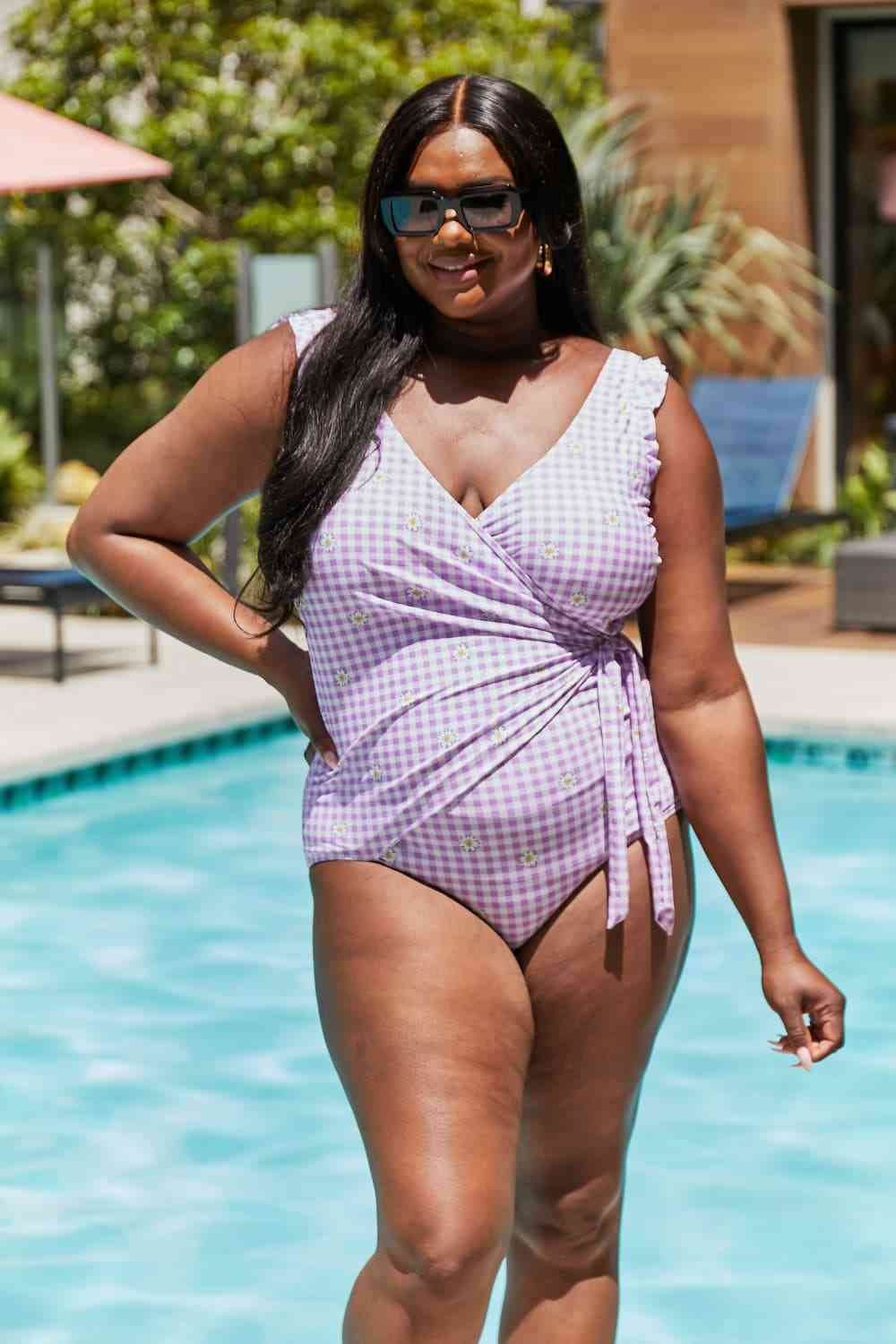 Marina West Swim Full Size Float On Ruffle Faux Wrap One-Piece in Carnation Pink - DaTrendStore.Com