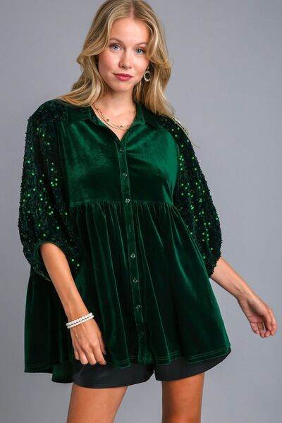 Umgee Sequin Detail Tiered Back Half Sleeve Shirt - DaTrendStore.Com